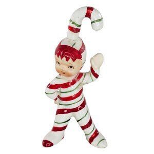 Vintage Lefton Candy Cane Kids Figurine Pixie Elf Waving AS IS Repaired